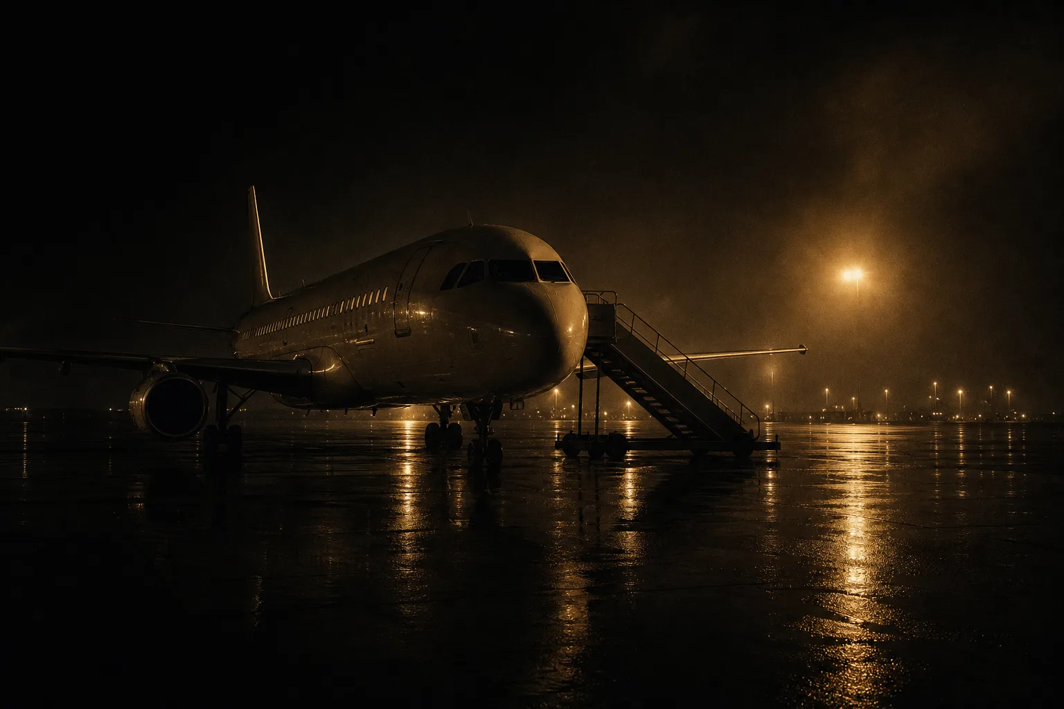 Avión detenido en la plataforma de noche