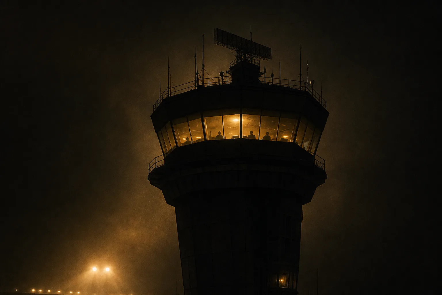 Torre de control iluminada de noche