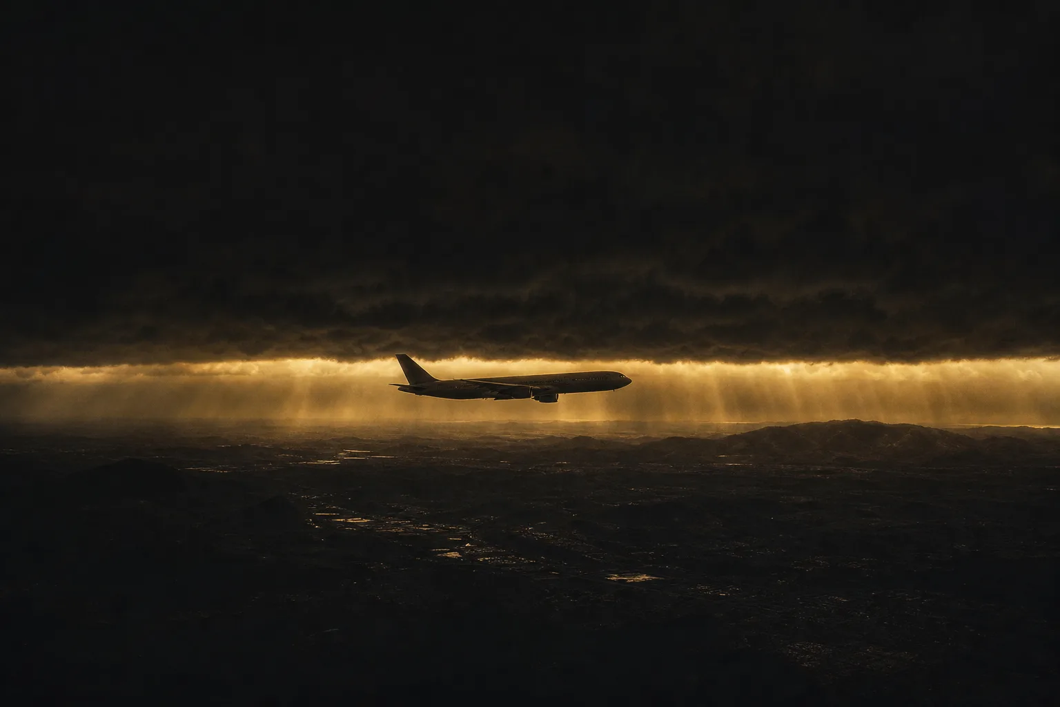 Avión volando bajo un techo cerrado de nubes